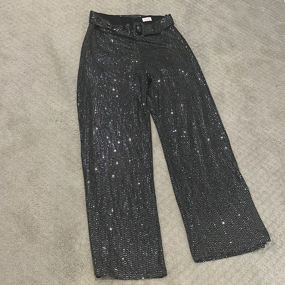 Sequin Belted Wide Leg Pants